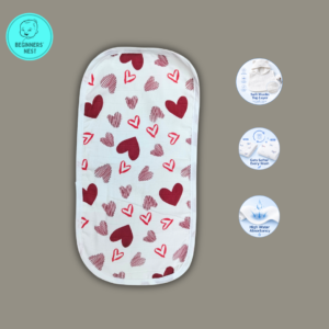 Muslin Burp Cloth, with hearts printed all over it. Soft, breathable, safe for baby skin
