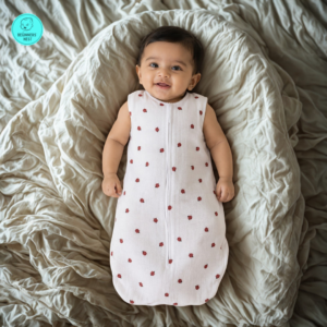 Cozy Baby waring Muslin sleeping bag with red lady bug design