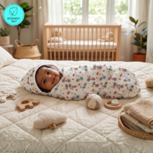 Muslin Hooded towel Bicycle print. A beautiful baby is wrapped in the hooded towel and lying comfortable in the bed