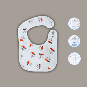 Unbuttoned baby bib with metal press-on buttons. small carrots,bunnies print