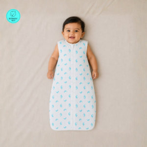 A smiling South Asian baby lies on a soft beige blanket wearing a lightweight white muslin sleeping bag with a front zipper and a small blue whale. The sleeveless sleeping bag has a slim, straight silhouette with a rounded bottom, while the baby's arms rest comfortably at the sides in a bright, softly lit overhead photograph.
