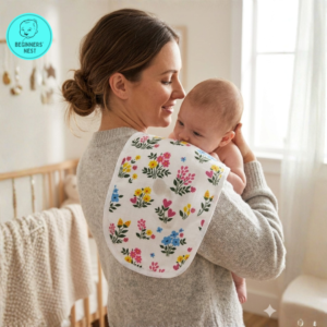 Muslin Burp Cloth Front. Soft, breathable, airflow, Flowers design printed. Mom holding Baby on her shoulders with the burp cloth draped over her shoulder for extra comfort