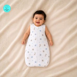 A smiling baby lies on a soft beige blanket wearing a lightweight white muslin sleeping bag with a front zipper and a small blue-and-beige safari animal print featuring lions, giraffes, elephants, monkeys, stars, and "zoo" text. The sleeveless sleeping bag has a slim, straight silhouette with a rounded bottom, while the baby's arms rest comfortably at the sides in a bright, softly lit overhead photograph.