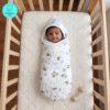 Muslin Hooded towel wrapped around a Indian baby. lying on a soft, comfortable, and relaxing bed. With happy-kid playing design printed in the towel