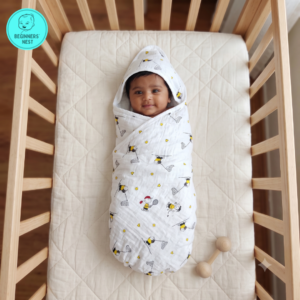 Muslin Hooded towel wrapped around a Indian baby. lying on a soft, comfortable, and relaxing bed. With happy-kid playing design printed in the towel