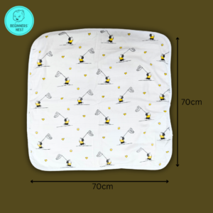 Spread out Muslin Hooded Towel with little cute kid playing with a net prints. Soft breathable, safe for baby skin. 70cm x 70cm
