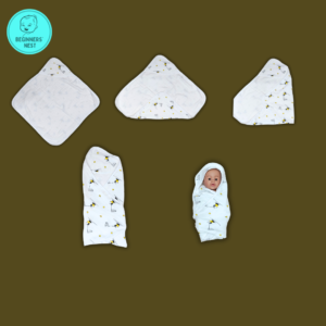 Folded Muslin Hooded Towel with little cute kid playing with a net prints. Soft breathable, safe for baby skin. 4 stages of wrapping a baby is depicted with 4 images