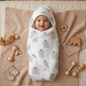 Muslin Hooded towel wrapped around a Indian baby. lying on a soft, comfortable, and relaxing bed. With owl with lines as body design(its cute). design printed in the towel