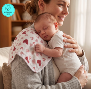 Muslin Burp Cloth, with hearts printed all over it. Soft, breathable, safe for baby skin
