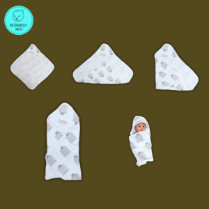 Folded Muslin Hooded Towel with little cute kid playing with a cute owl. Soft breathable, safe for baby skin. 4 stages of wrapping a baby is depicted with 4 images