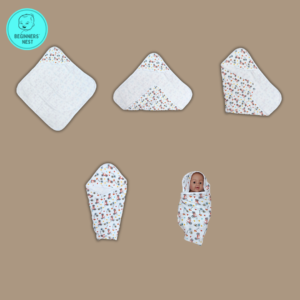 Muslin Hooded towel Bicycle print. A beautiful baby is wrapped in the hooded towel and lying comfortable in the bed. 4 images depicting 4 steps in wrapping a baby