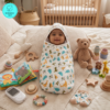 Muslin Hooded towel wrapped around a indian baby. lying on a soft, comfortable, and relaxing bed.