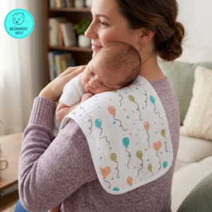 Balloon Burp cloth. Soft, 3 layers, washable. Mom holding a baby woth this burp cloth