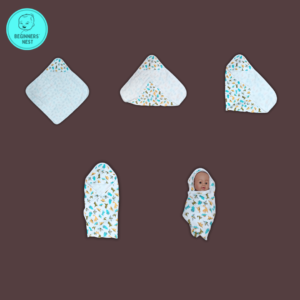 Folded Muslin Hooded Towel with little cute dinosaur prints. Soft breathable, safe for baby skin. 4 stage of wrapping a baby