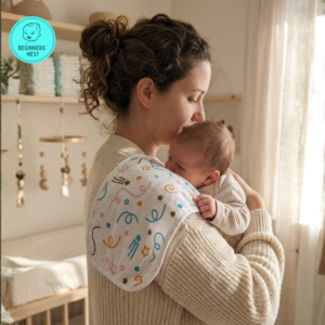 Muslin Colorful scribble design print muslin Burp cloth. Mom is holding a baby in her shoulders with the burp cloth