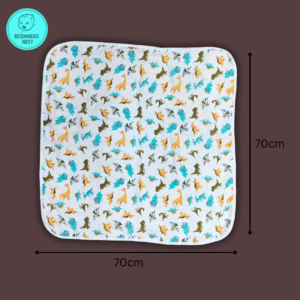 Muslin Hooded Towel with little cute dinosaur prints. Soft breathable, safe for baby skin. 70x70cm full open image