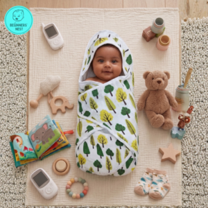 Indian looking baby Wrapped in Muslin Hooded towel. The Muslin hooded towel has little green trees print