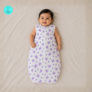 Baby wearing Muslin Sleeping bag with butterfly design
