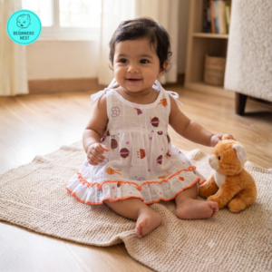 Small Baby girl wearing a muslin frock with Alien and Spaceship prints on it
