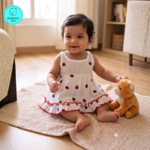 Small Baby girl wearing a muslin frock with Red Lady bug prints on it