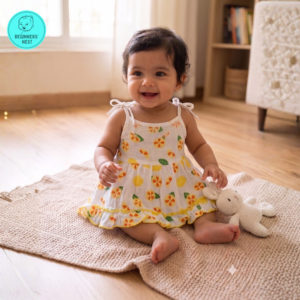 Small Baby girl wearing a muslin frock with Yellow- sliced lemon prints on it. Soft and Breathable. Azo-free dye. Gets softer every wash
