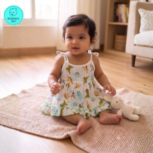 Small Baby girl wearing a muslin frock with small cute cartoonish Dinosaur prints on it. Soft and Breathable. Azo-free dye. Gets softer every wash