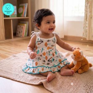 Small Baby girl wearing a muslin frock with small cute cartoonish Mushroom prints on it. Soft and Breathable. Azo-free dye. Gets softer every wash