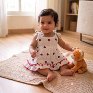 Small Baby girl wearing a muslin frock with Red Lady bug prints on it